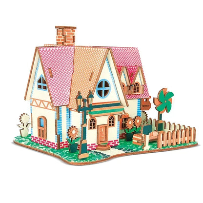 Wooden mini house model with pink roof, blue window accents, garden picket fence