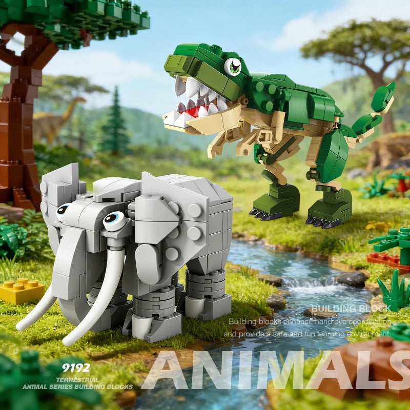 Green dinosaur and gray elephant animal building block models