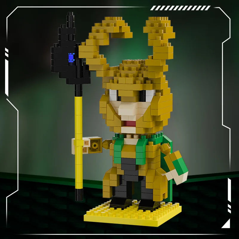 Mini brick hero figure in yellow and green with black helmet, holding a tall yellow staff