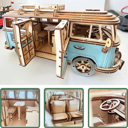 Blue and cream 3D wooden bus puzzle with open side door and detailed interior