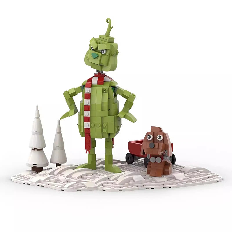 Brick-built green character standing on white base plate with small brown cart figure