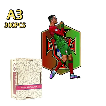 Wooden 300-piece football puzzle with green-kit player artwork and puzzle box
