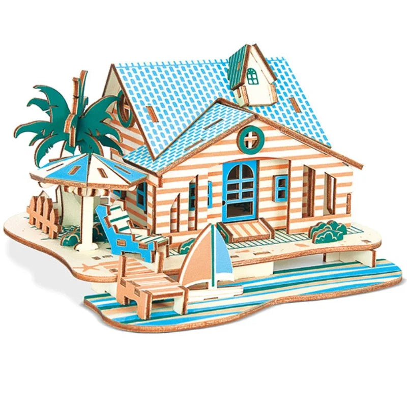 Wooden mini house model with blue roof, white walls, palm tree decor