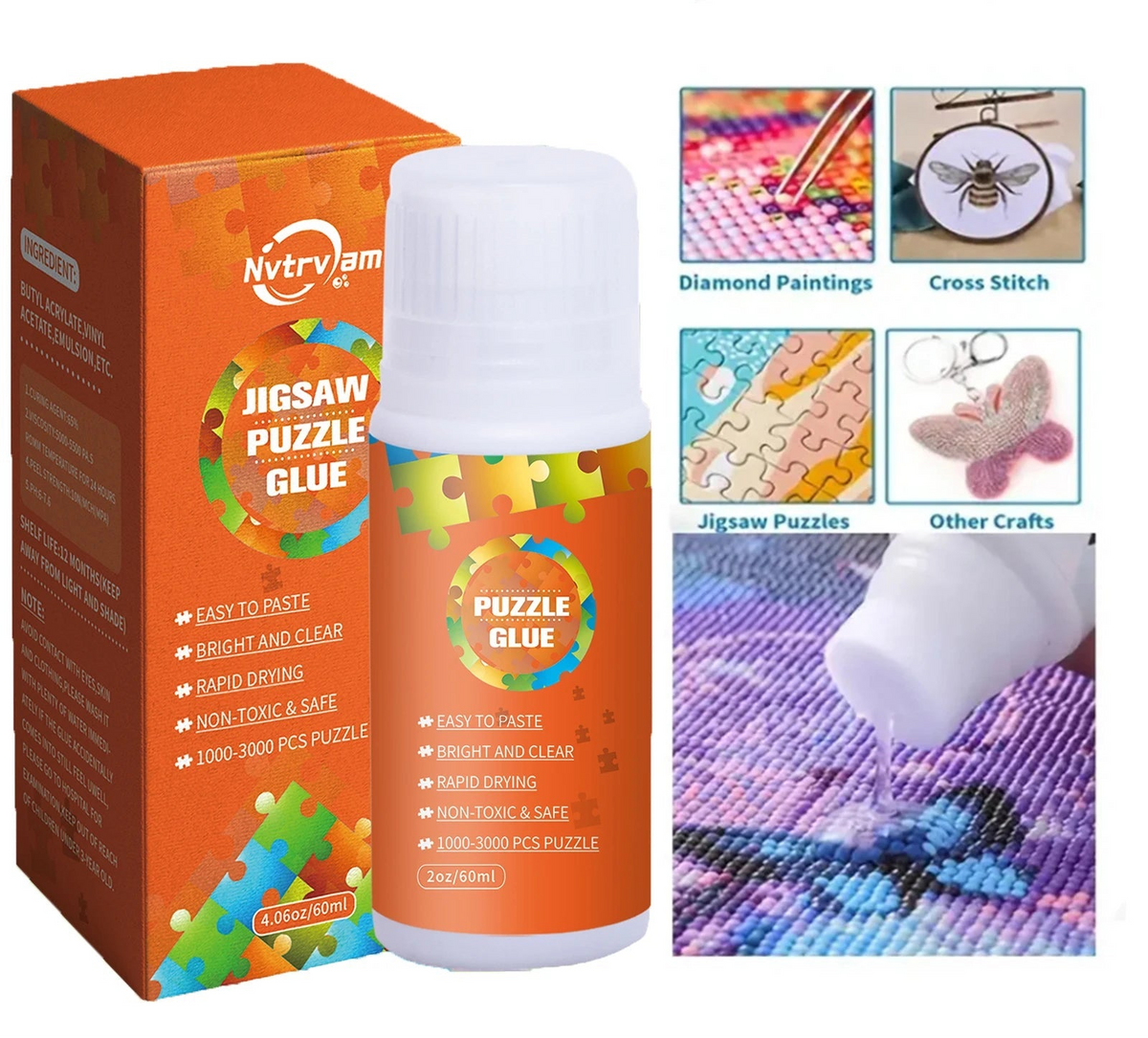 Glue bottle with orange label next to cardboard jigsaw puzzle glue box