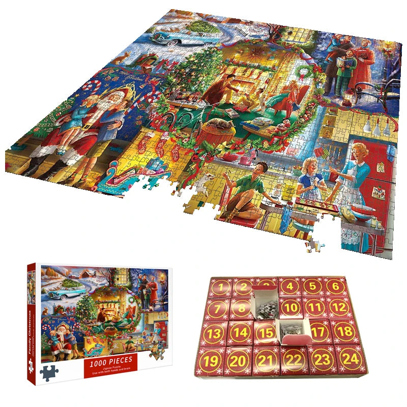 Christmas advent jigsaw puzzle with puzzle pieces laid out and numbered advent layout