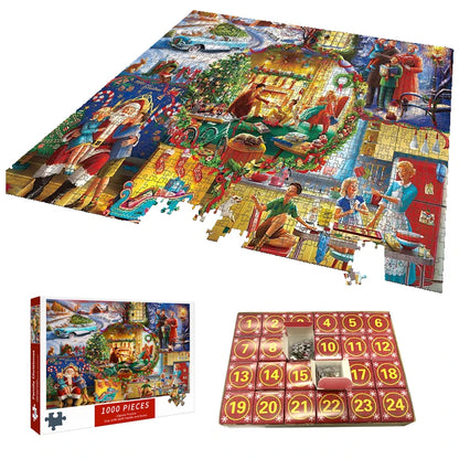 Christmas advent jigsaw puzzle with puzzle pieces laid out and numbered advent layout