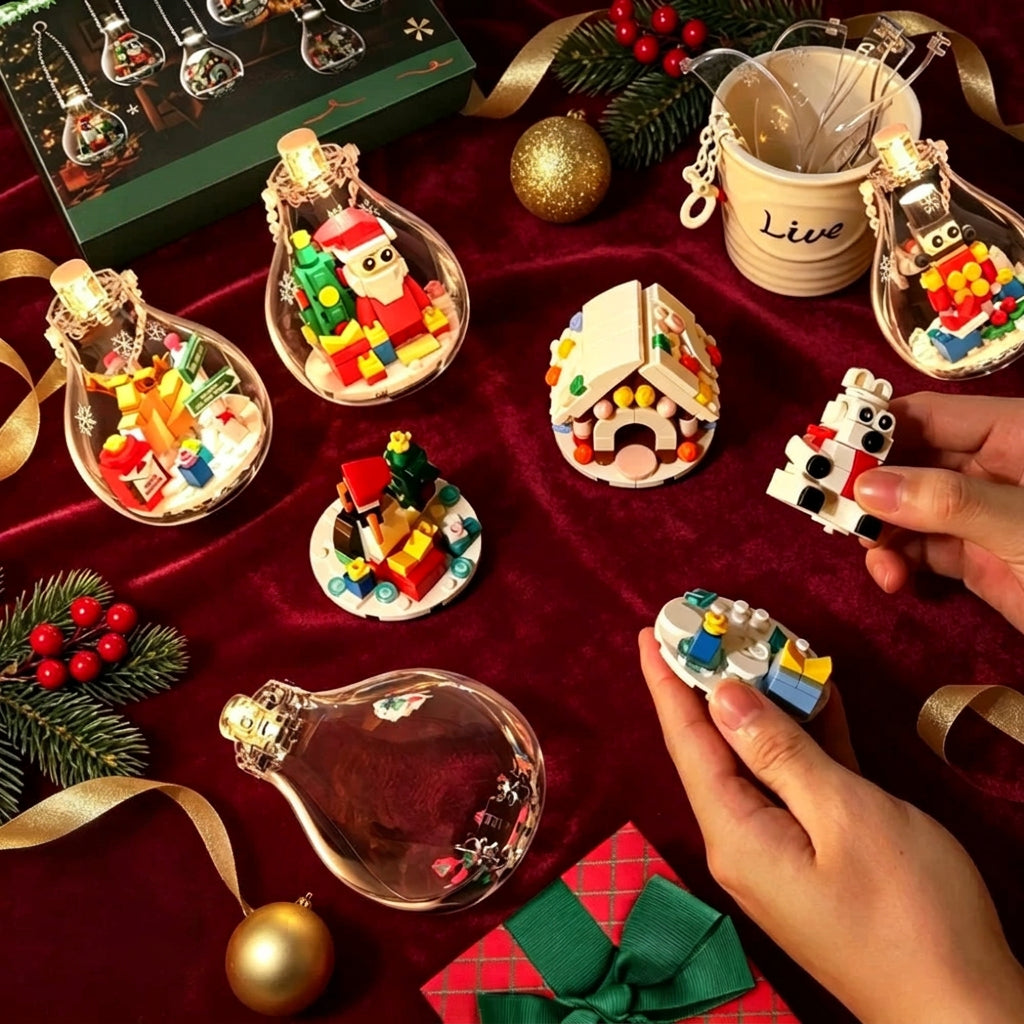 Christmas building ornament set with miniature brick scenes and clear hanging bulbs