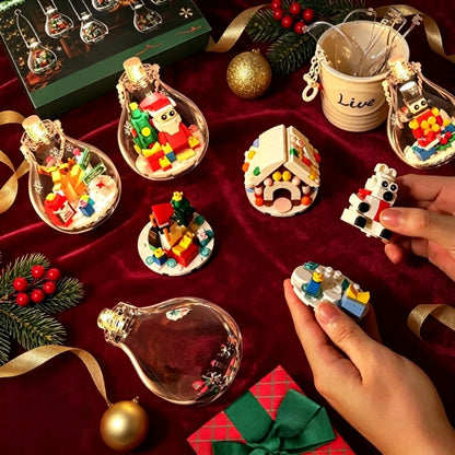 Christmas building ornament set with miniature brick scenes and clear hanging bulbs