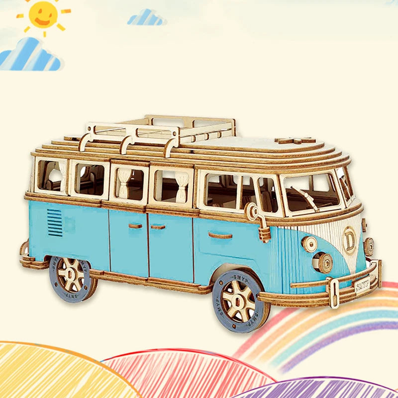 Blue 3D wooden bus puzzle model with window panels and roof rail details
