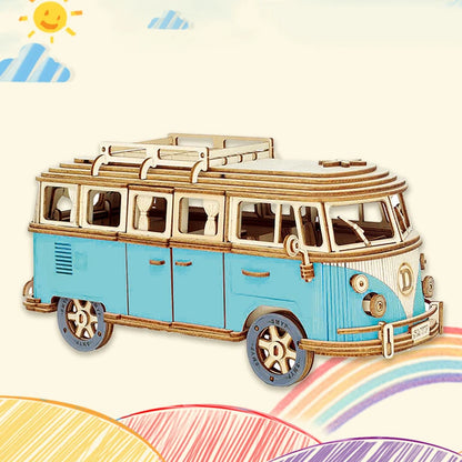 Blue 3D wooden bus puzzle model with window panels and roof rail details