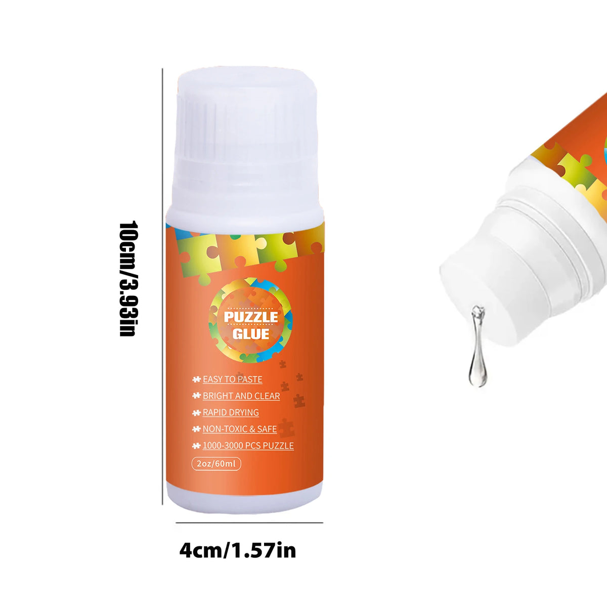 Glue bottle with white cap and orange label for jigsaw puzzle pieces