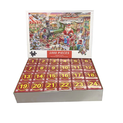 Christmas advent jigsaw puzzle box with village artwork and numbered compartments 1 to 24