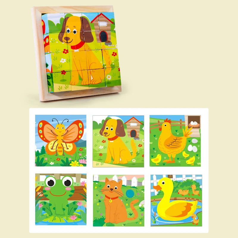Wooden cube animal puzzle with dog-framed tile and six jungle animal tiles