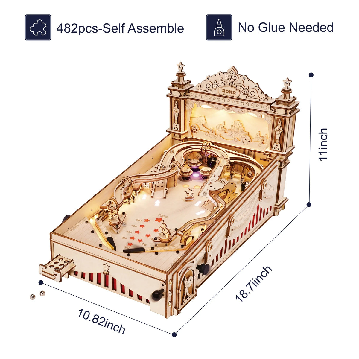 Wooden pinball machine with 18.7 in length, 10.8 in width, 11 in height