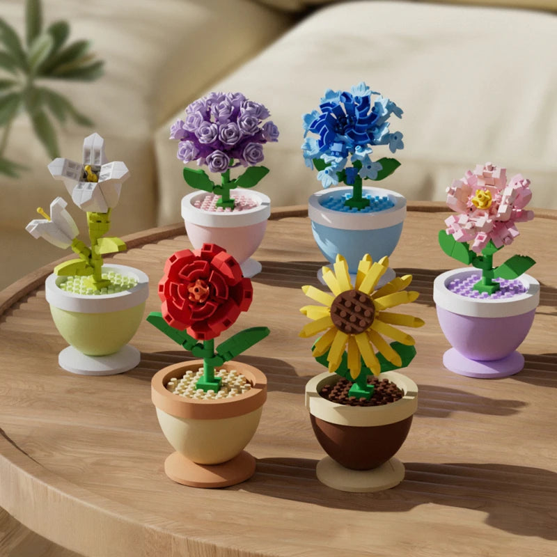 Flower building blocks in multiple pots with purple, blue, red, yellow, and pink blooms