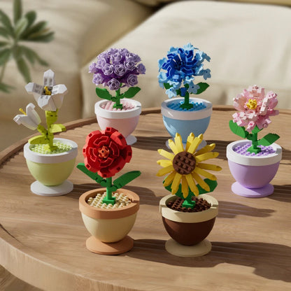 Flower building blocks in multiple pots with purple, blue, red, yellow, and pink blooms