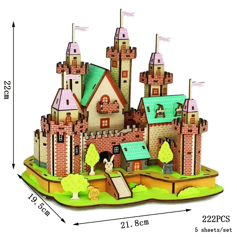 Brick-and-green castle 3D wooden puzzle with towers and flags, 222 pieces