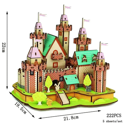 Brick-and-green castle 3D wooden puzzle with towers and flags, 222 pieces
