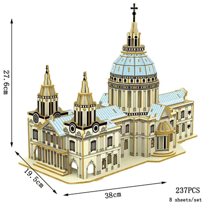 3D wood puzzle cathedral model with pale walls, blue dome, and cross