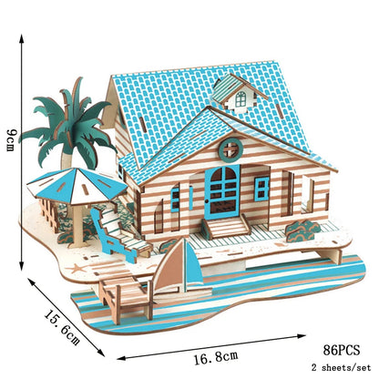 Beach house 3D wooden puzzle with blue roof and front porch, 86 pieces
