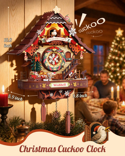 Christmas wooden cuckoo clock with hanging weights, shown as 10.8 inches tall