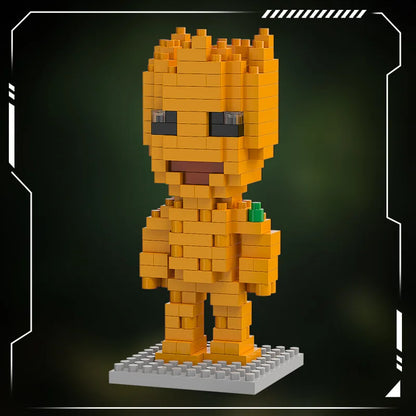 Mini brick hero figure in orange and yellow with black eye details on gray base