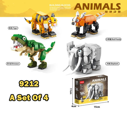 Four animal building block models: tiger, red panda, dinosaur and elephant, with box