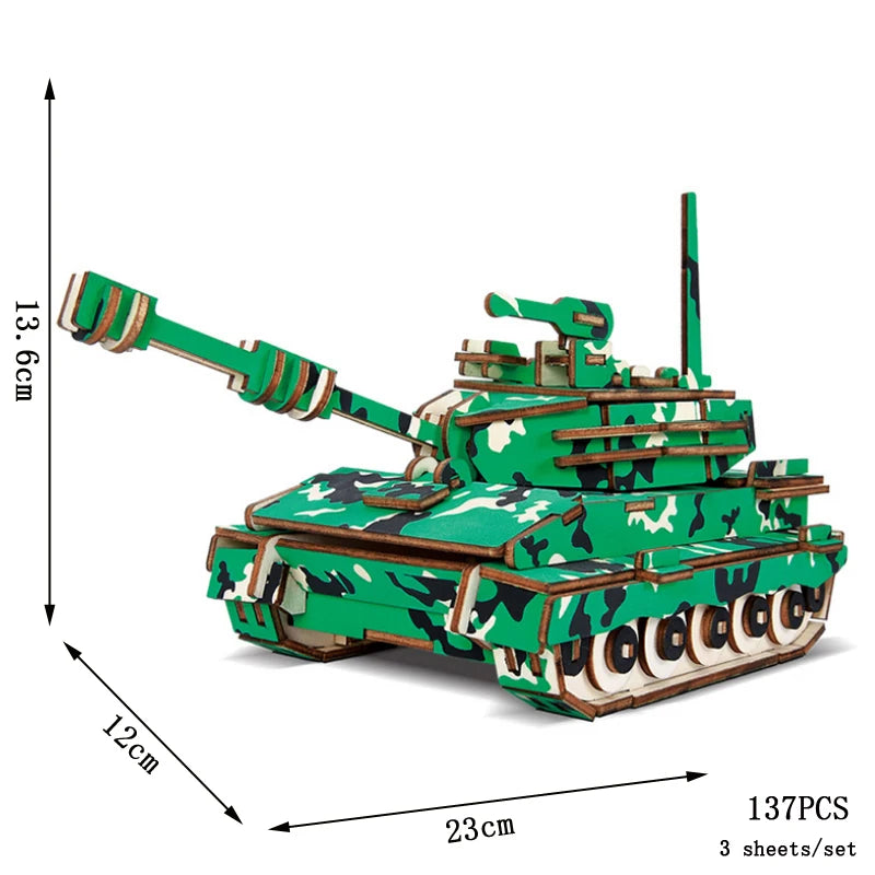 Camouflage tank 3D wooden puzzle model with long cannon, 137 pieces