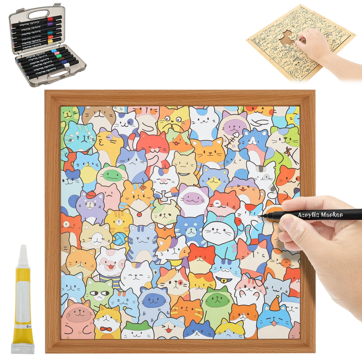 Framed cat paint puzzle with pastel cat faces, hand using paint pen, paint bottle and kit case