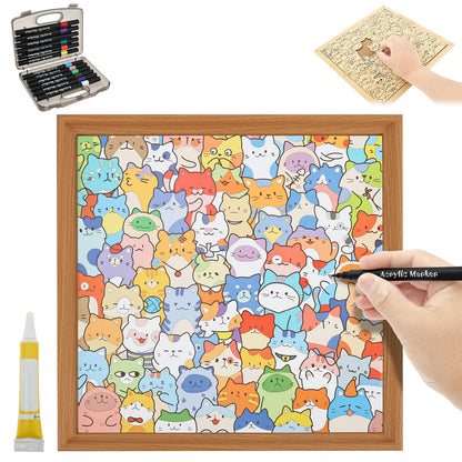 Framed cat paint puzzle with pastel cat faces, hand using paint pen, paint bottle and kit case