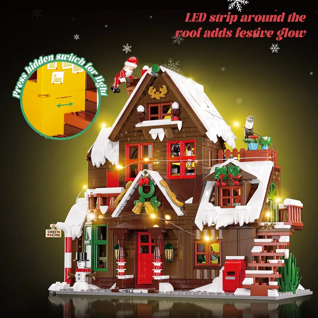 LED-lit Christmas chalet building set with Santa on roof and glowing exterior lights
