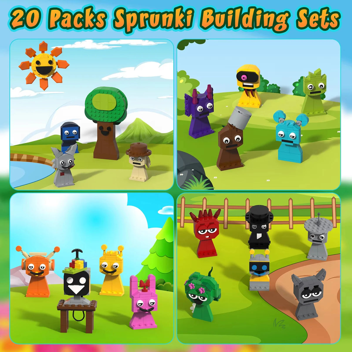 Assorted block character figures shown across four building-scene panels