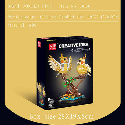 Bird brick building set box with two yellow cockatoo figures on a branch