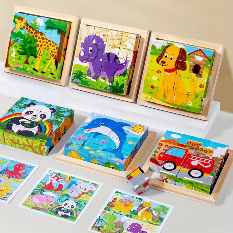 Wooden cube animal puzzle set with colorful jungle animal jigsaw pieces in frames