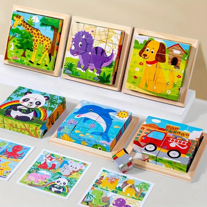 Wooden cube animal puzzle set with colorful jungle animal jigsaw pieces in frames