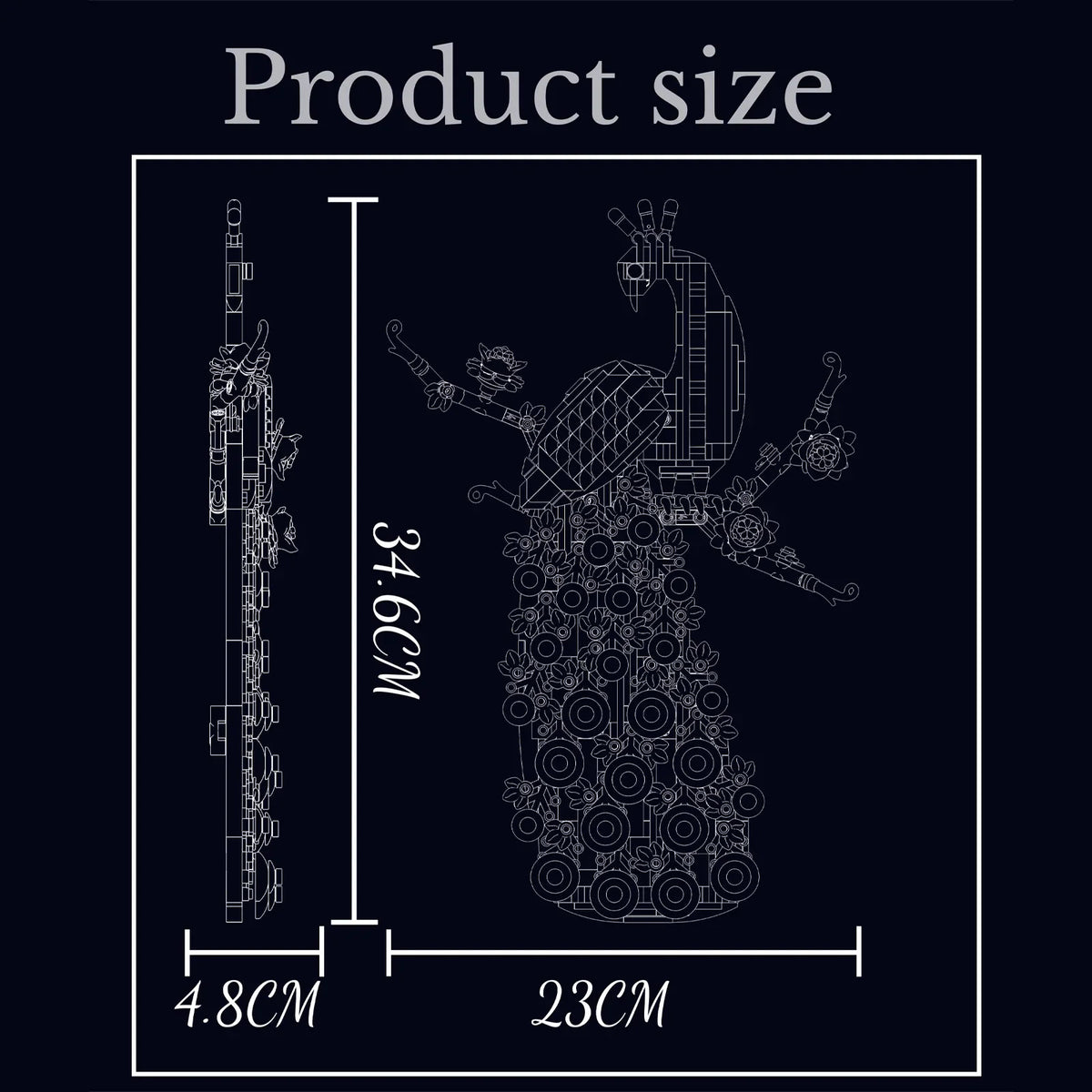Blueprint-style diagram of a brick bird sculpture with labeled dimensions