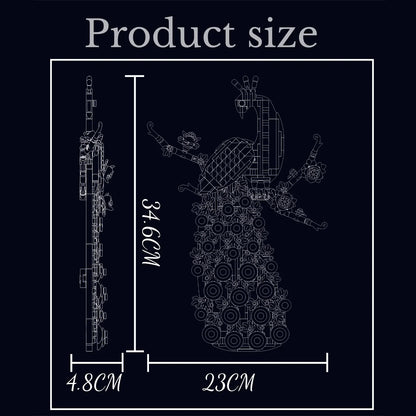 Blueprint-style diagram of a brick bird sculpture with labeled dimensions