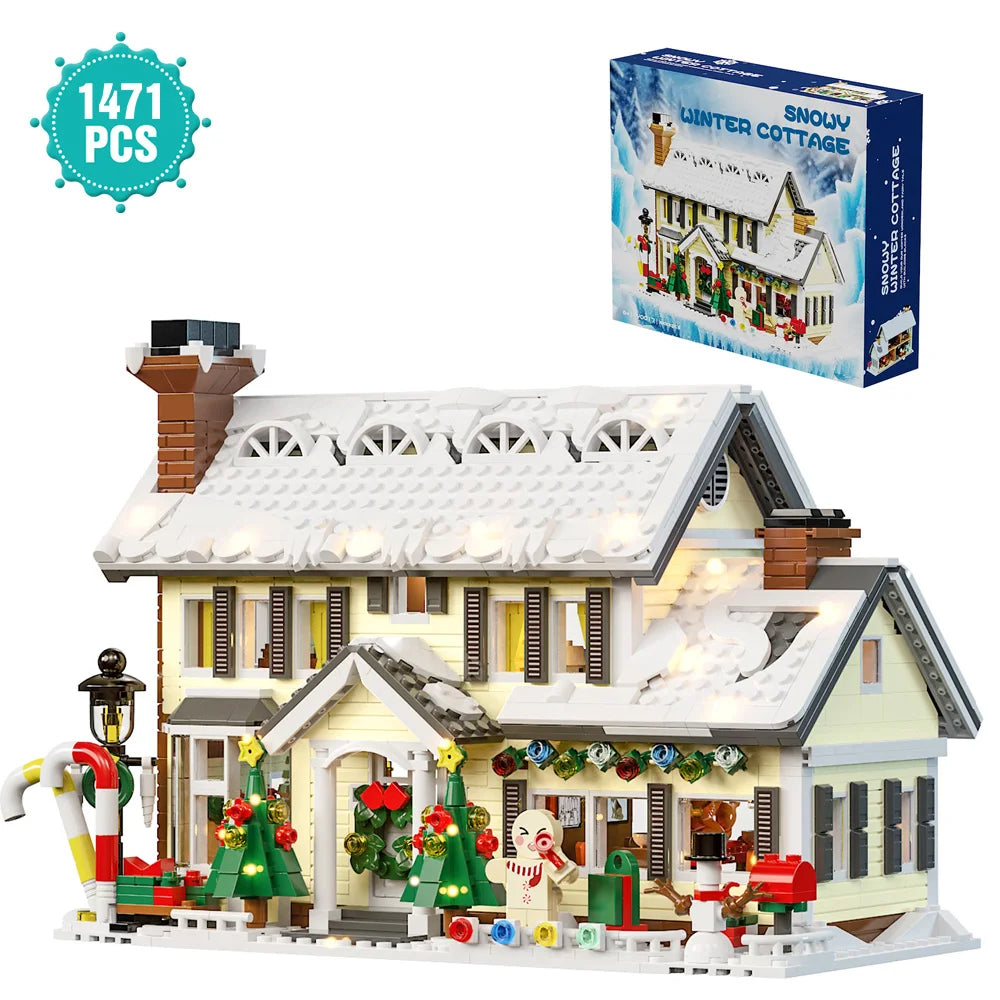 Snowy winter cottage building block set with assembled 2-story house and accessories
