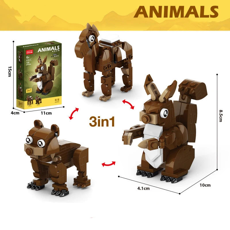 Brown squirrel building blocks convert into three animal forms, with set box and dimensions