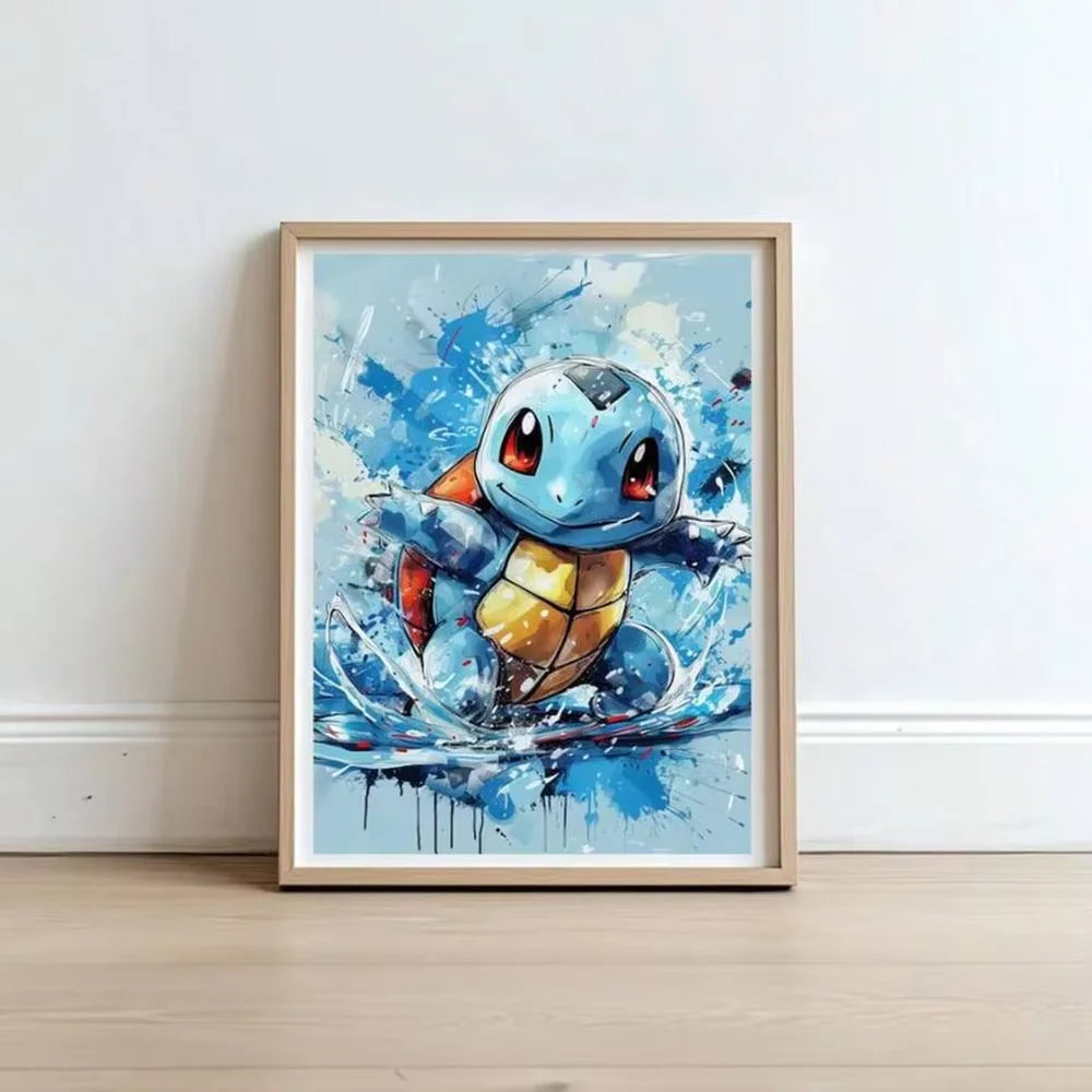 Framed watercolor print of a blue water turtle character in splashing waves