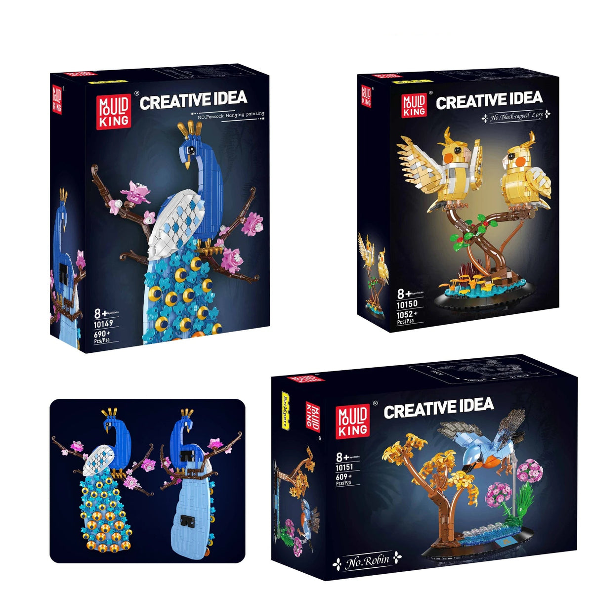 Bird-themed brick building set boxes with colorful peacock and robin designs