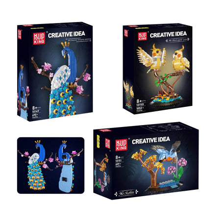 Bird-themed brick building set boxes with colorful peacock and robin designs