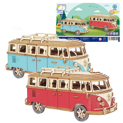 Red and blue 3D wooden bus puzzle vehicles shown together in retail packaging