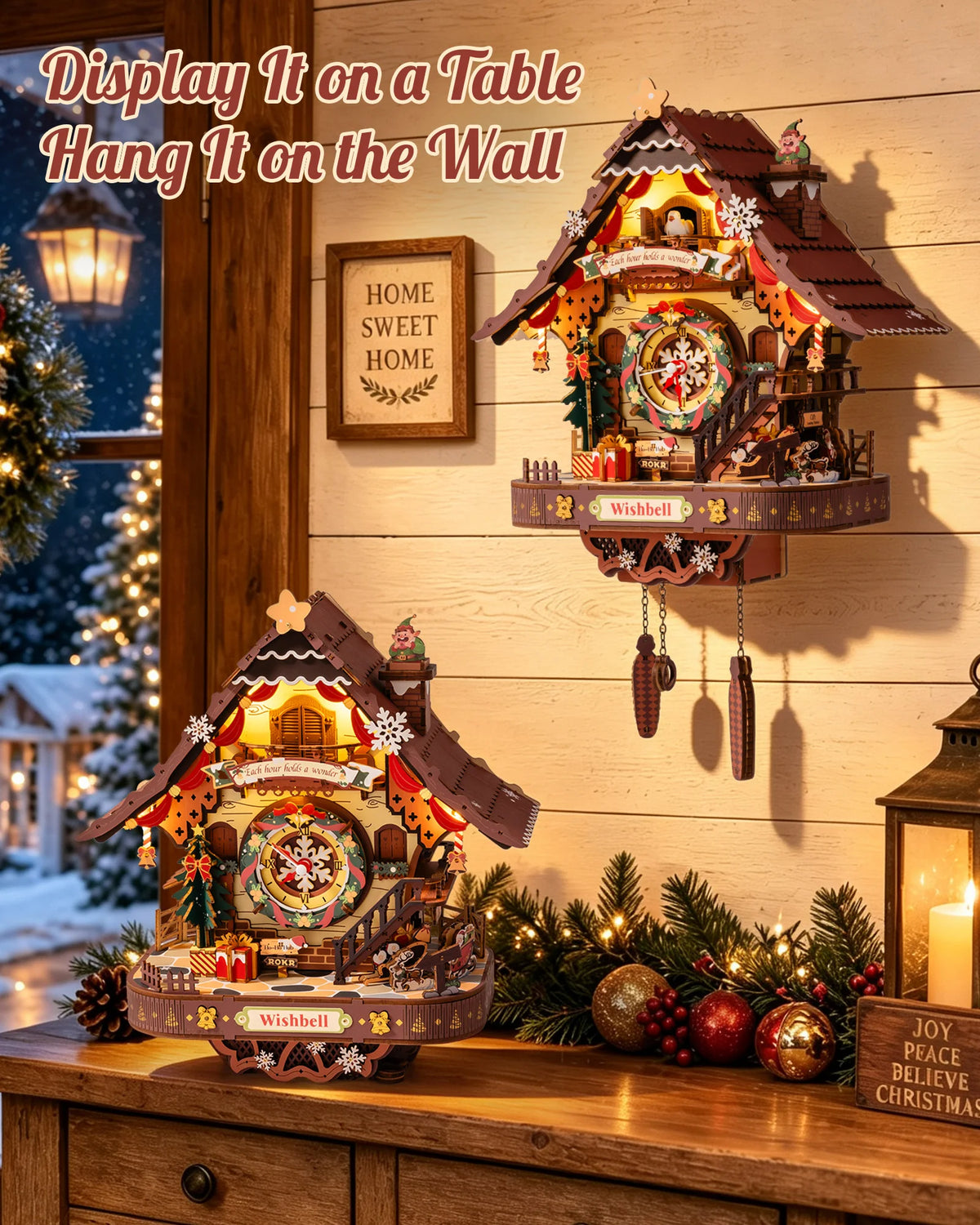 Christmas wooden cuckoo clock displayed on a table and mounted on a wall