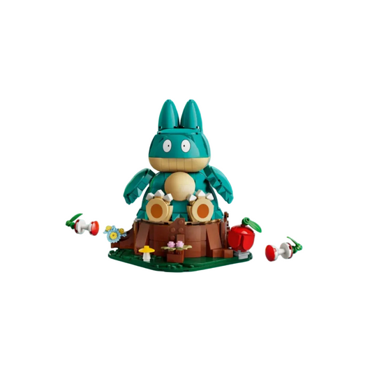 Brick-built Munchlax character with teal body and tools on brown base