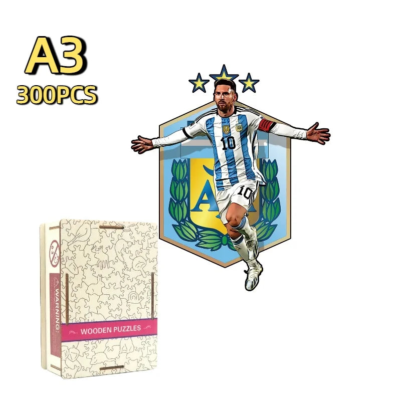 A3 300-piece wooden football jigsaw puzzle set with Argentina player figure and box