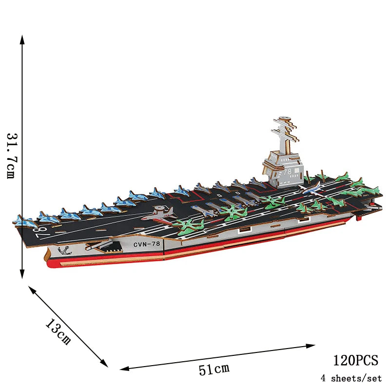 Wood 3D puzzle model of an aircraft carrier ship, black hull with deck details, 120 pcs