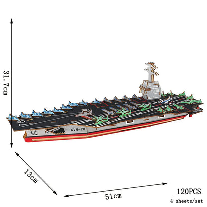 Wood 3D puzzle model of an aircraft carrier ship, black hull with deck details, 120 pcs