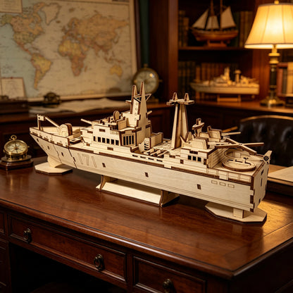 White wooden destroyer warship 3D puzzle model kit, angled view showing tower and mast details