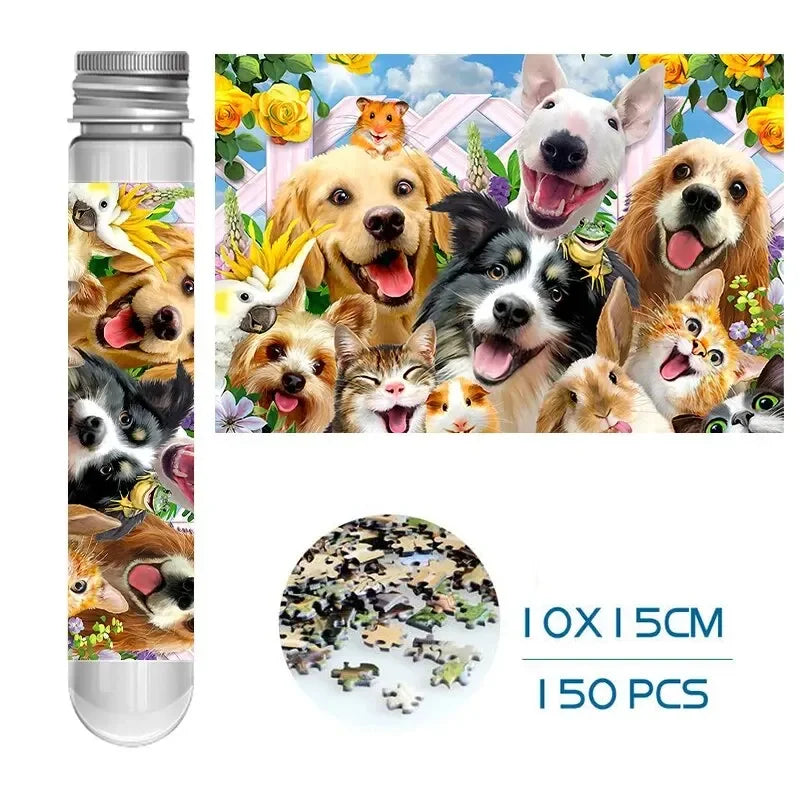 Mini puzzle tube with cute pet collage and puzzle-piece preview, 150 pcs